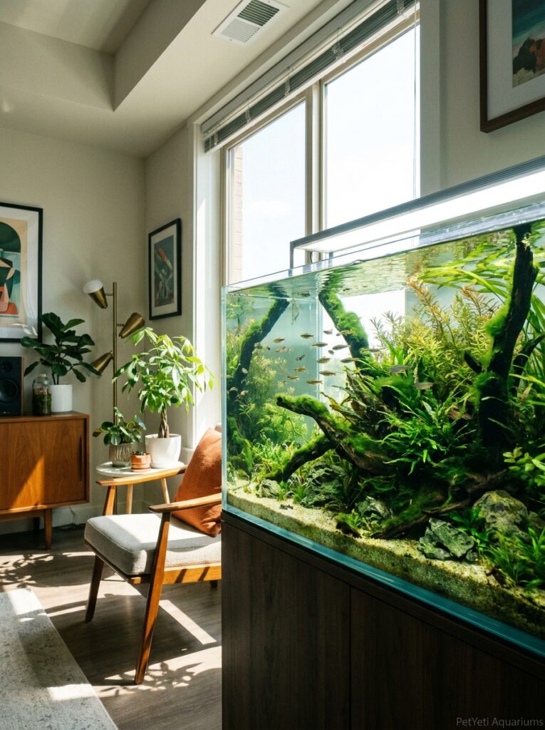 Aquarium near a bright window showing light green algae growth on glass and hardscape surfaces.