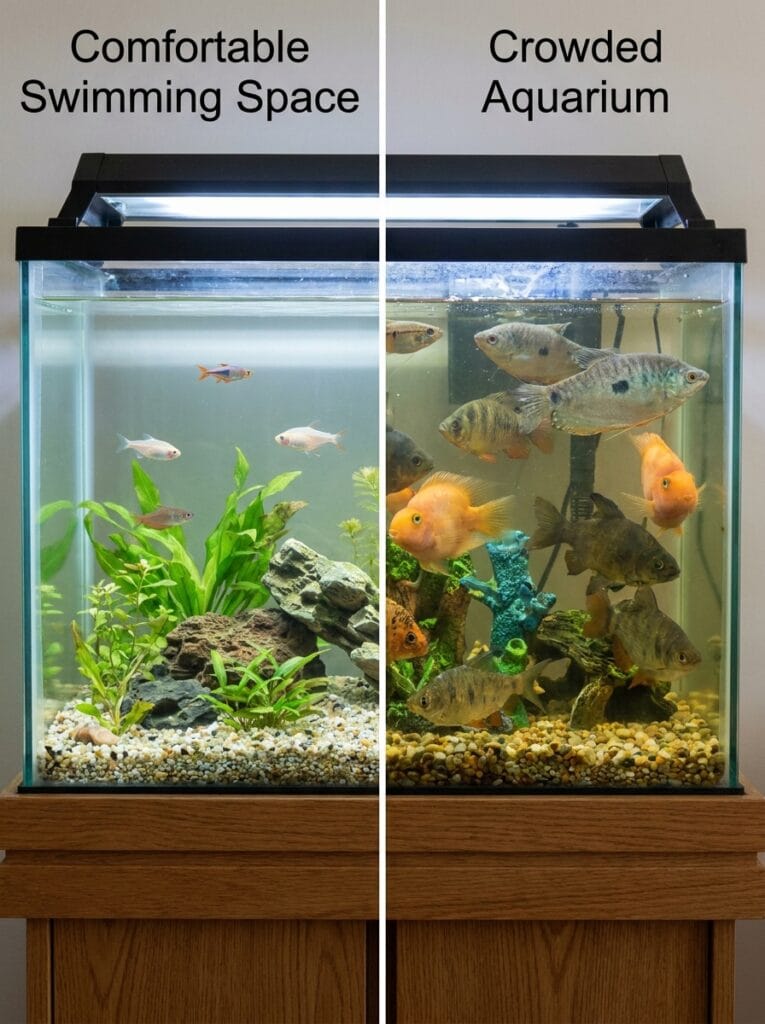 Comparison of healthy swimming space versus crowded fish stocking