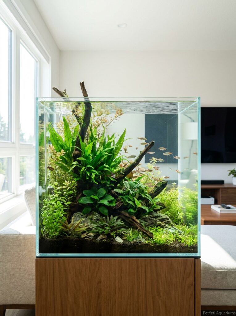 Healthy planted aquarium with thriving aquatic plants after nutrient levels have been balanced.