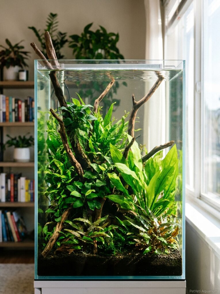 Dense planted freshwater aquarium with healthy Anubias, Java Fern, and Cryptocoryne helping limit algae growth.