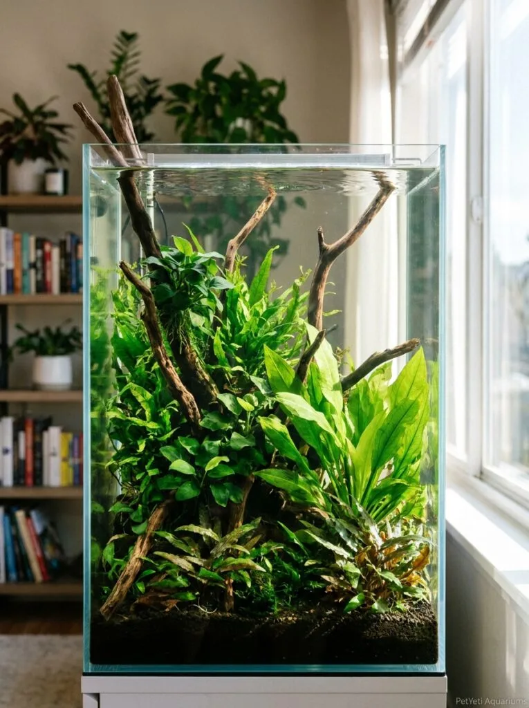 Dense planted freshwater aquarium with healthy Anubias, Java Fern, and Cryptocoryne helping limit algae growth.