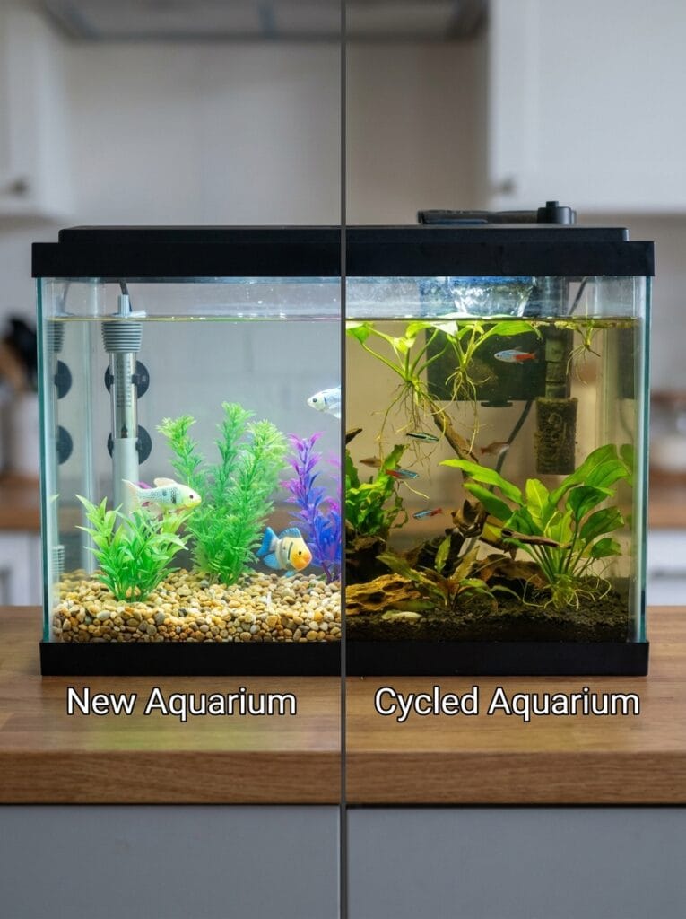 Comparison showing a new aquarium versus a fully cycled aquarium