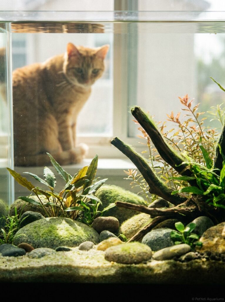Recently established planted aquarium with minor algae growth during the natural cycling process.