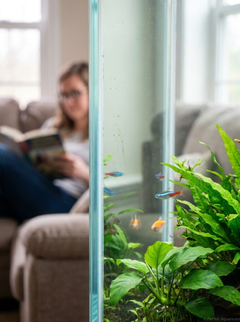 Clean aquarium glass after successful algae control with healthy plants and clear water.