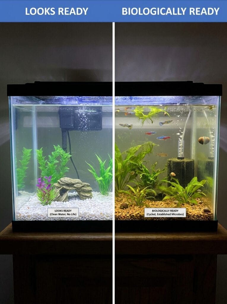 Comparison showing visually clear aquarium versus fully cycled aquarium