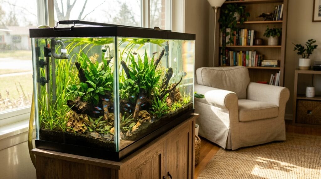 Beautiful beginner planted aquarium in a modern home