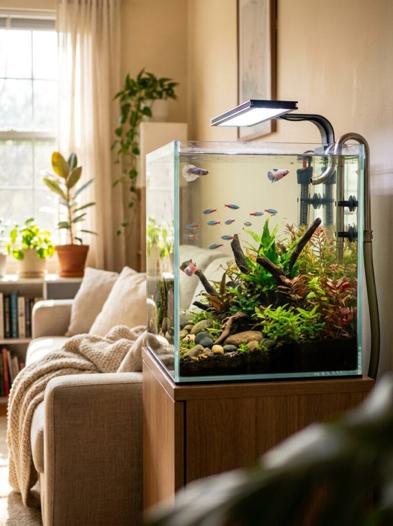 Beautiful beginner planted aquarium in a modern home
