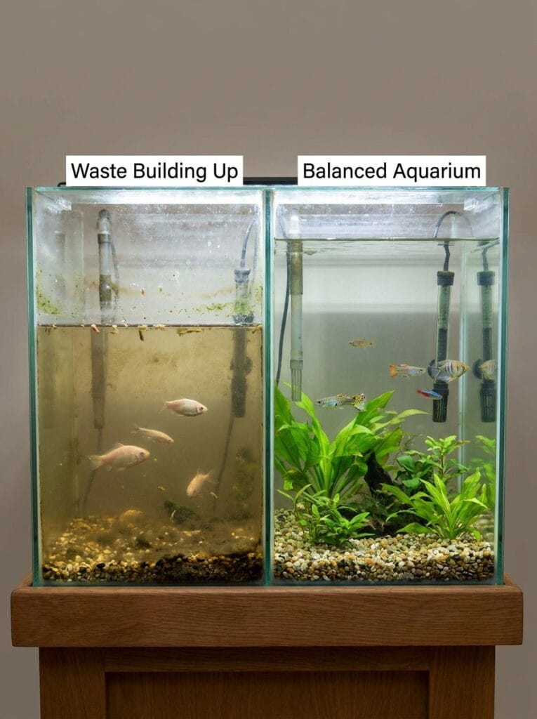 Comparison showing waste accumulation versus a healthy balanced aquarium