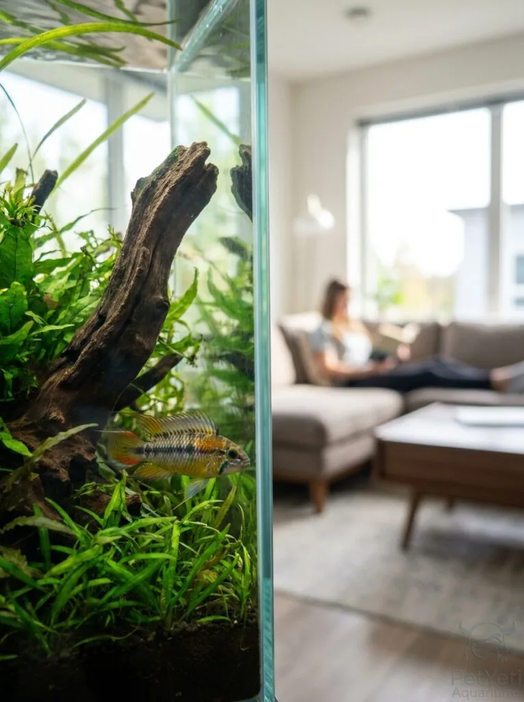 Why is my fish hiding? Freshwater fish partially hidden among healthy aquatic plants in a planted aquarium.