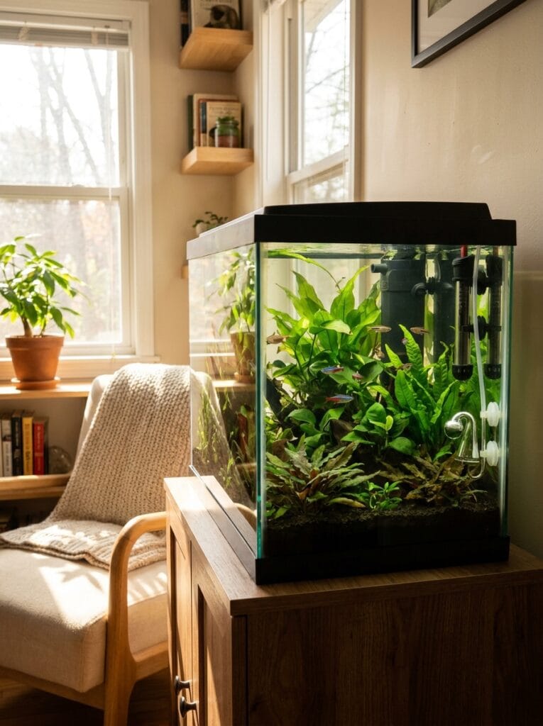 Beautiful beginner planted aquarium in a cozy modern home