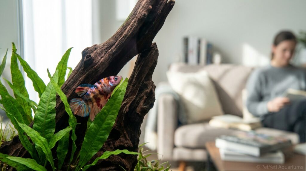 Freshwater fish partially hidden among healthy aquatic plants in a beautiful planted home aquarium.