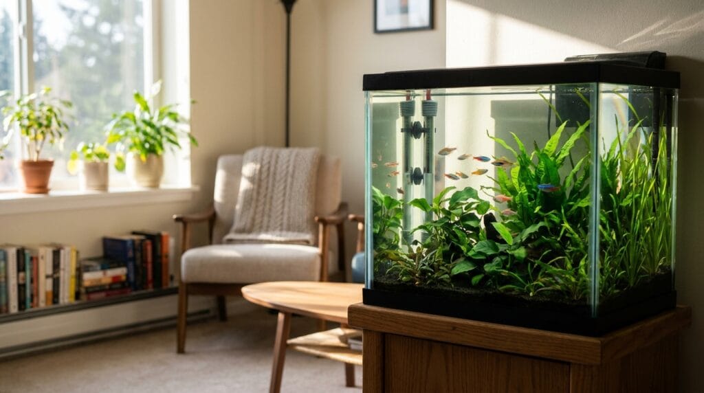 Beautiful beginner planted aquarium in a cozy modern home