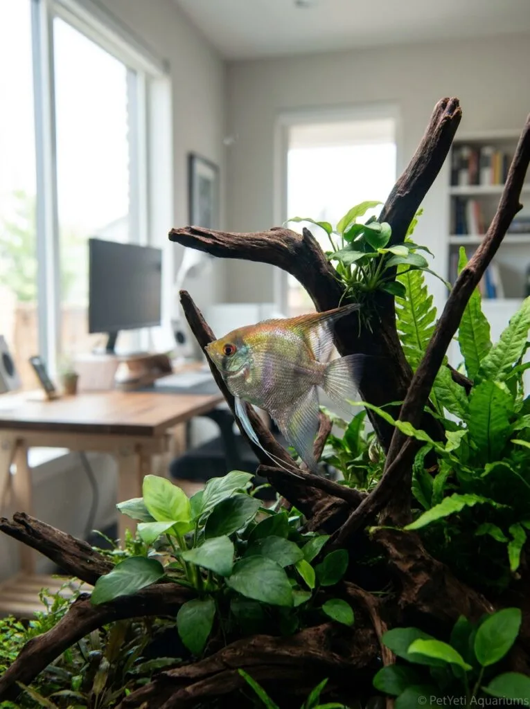 Healthy fish sheltering near driftwood and aquatic plants in a peaceful freshwater aquarium.