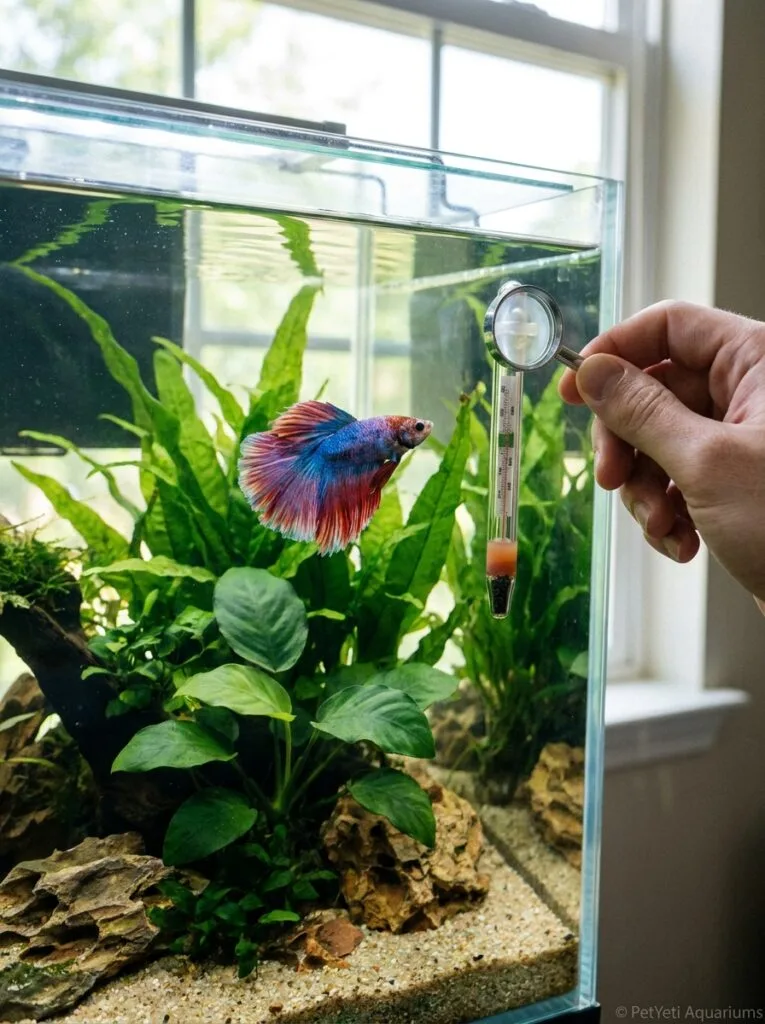 Aquarium fish being carefully observed in a clean, healthy planted tank environment.