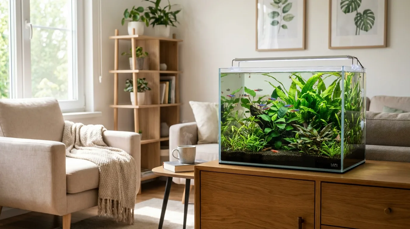 Aquarium plant care guide for a calm planted freshwater tank in a modern home
