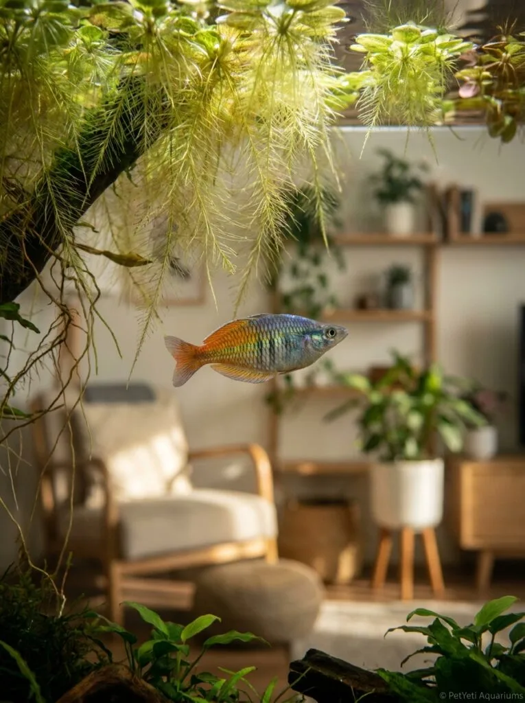 Freshwater fish swimming beneath floating plants in a softly illuminated planted aquarium.