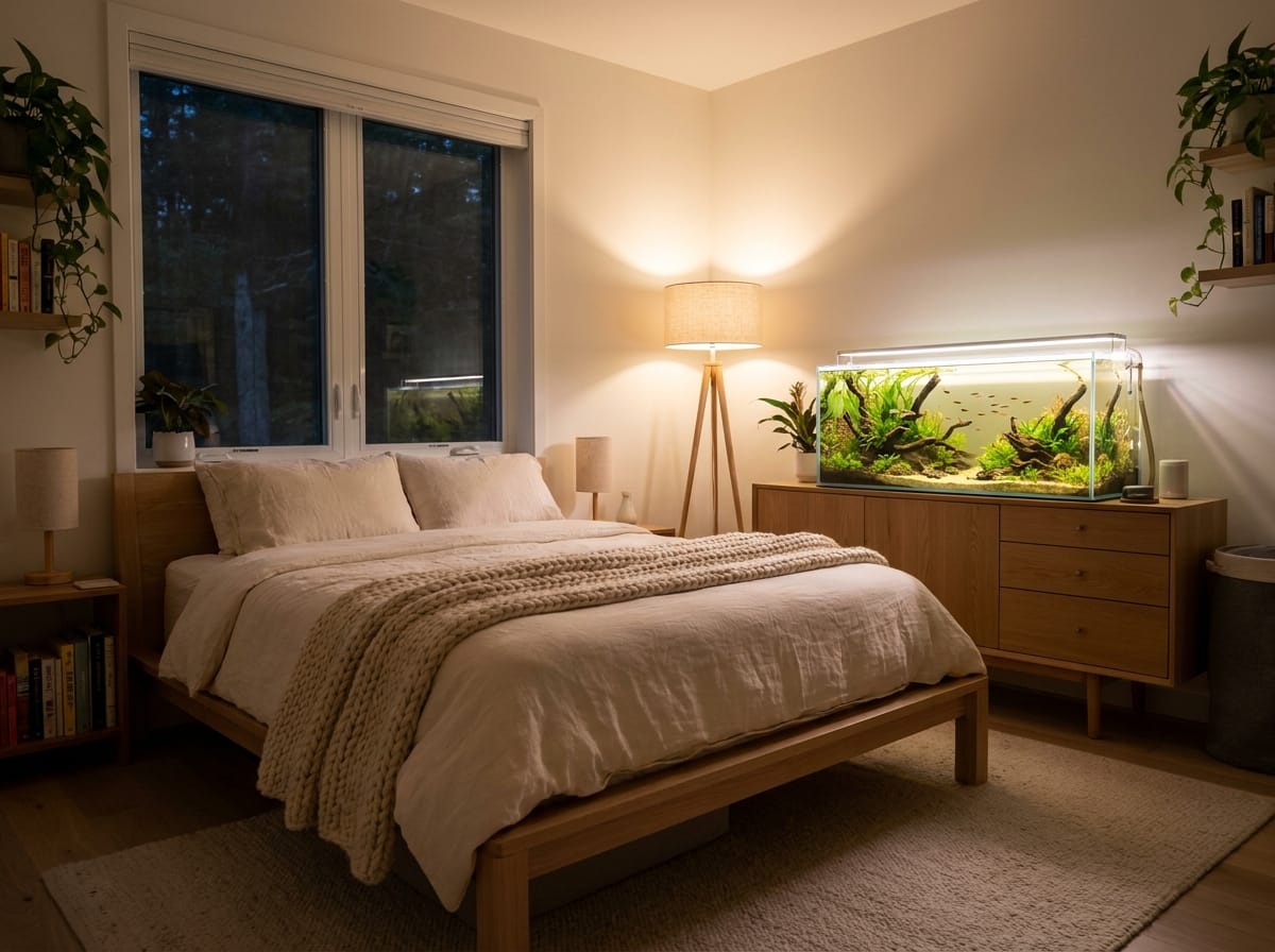 Calm bedroom aquarium setup with warm lighting and cozy decor