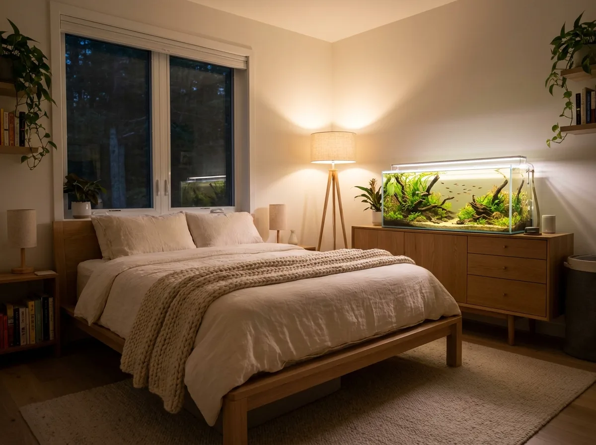 Calm bedroom aquarium setup with warm lighting and cozy decor
