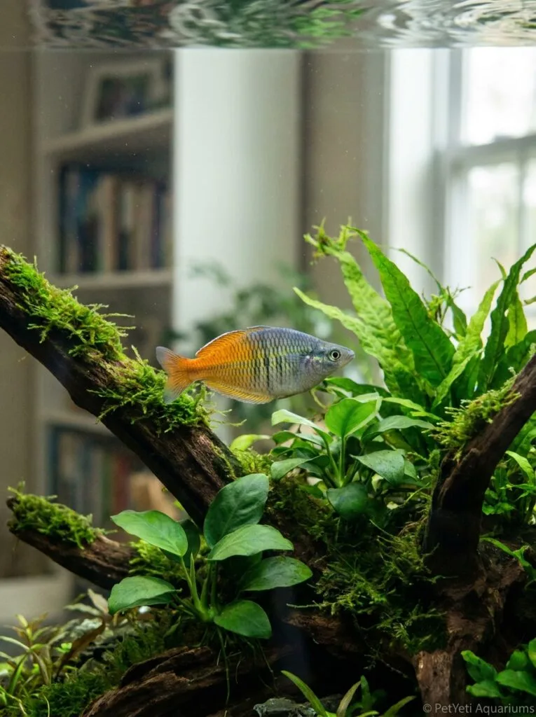 Healthy fish swimming confidently in a thriving freshwater aquarium with clear water and live plants.