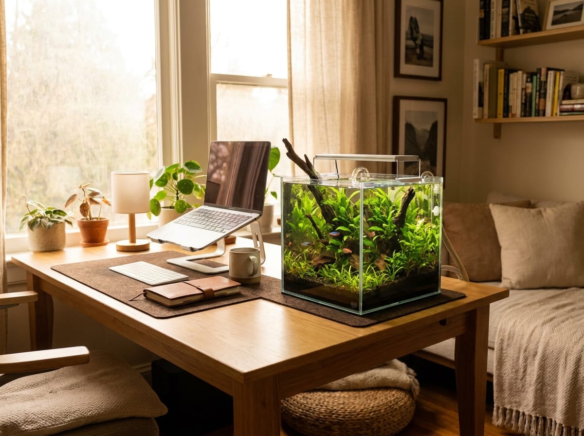 Small desk aquarium setup for a cozy home office or study space