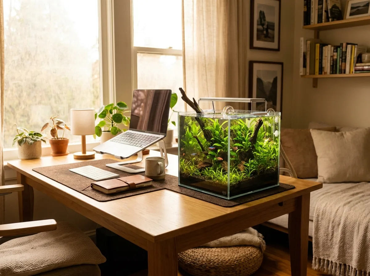 Small desk aquarium setup for a cozy home office or study space