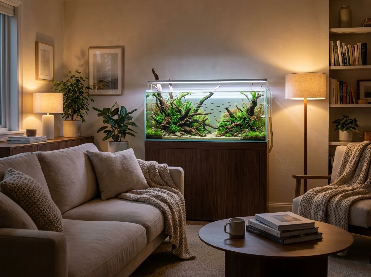 Beautiful living room aquarium setup in a calm modern home