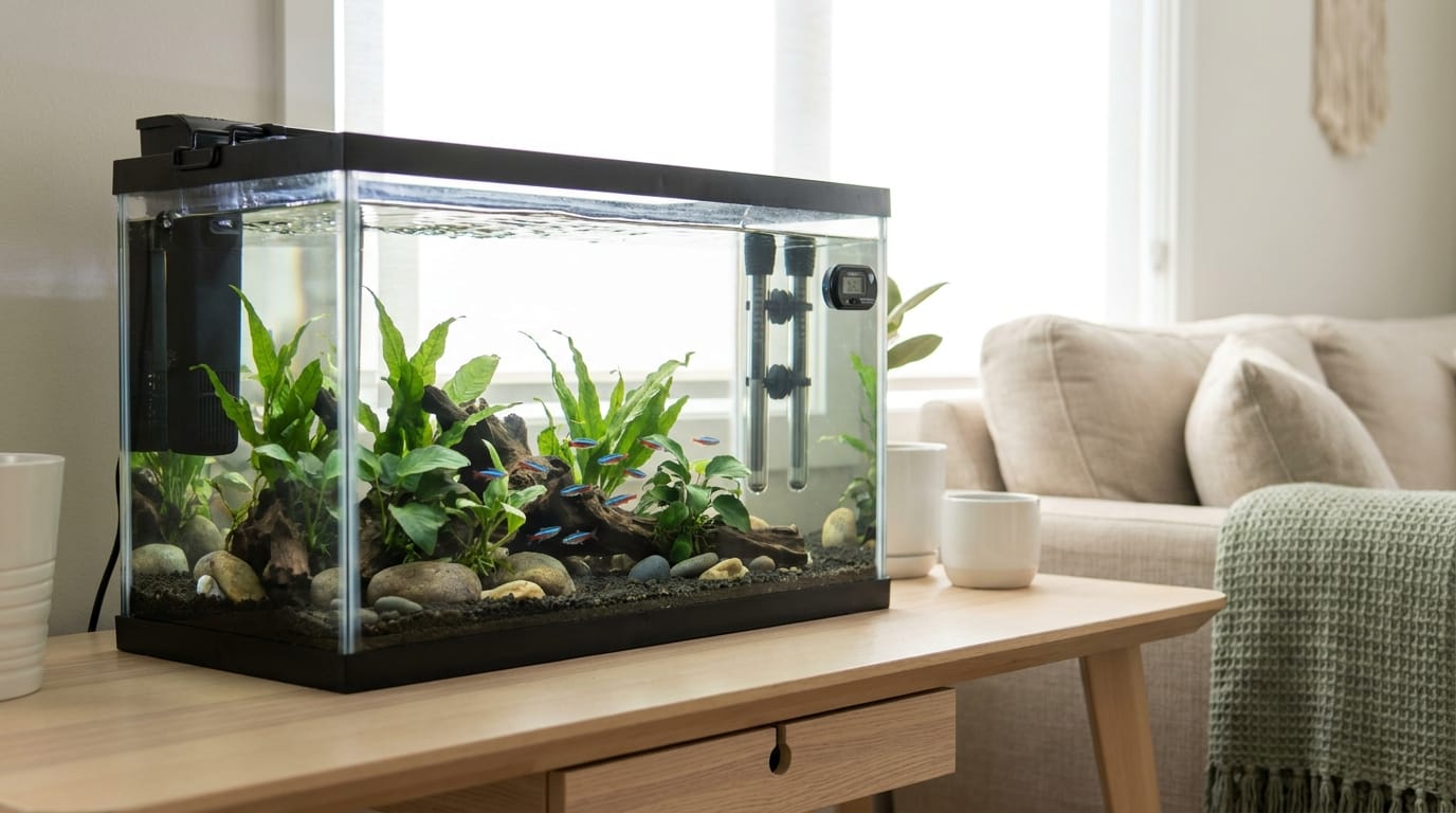 Aquarium gear guides for beginners with a calm planted freshwater tank in a modern home.