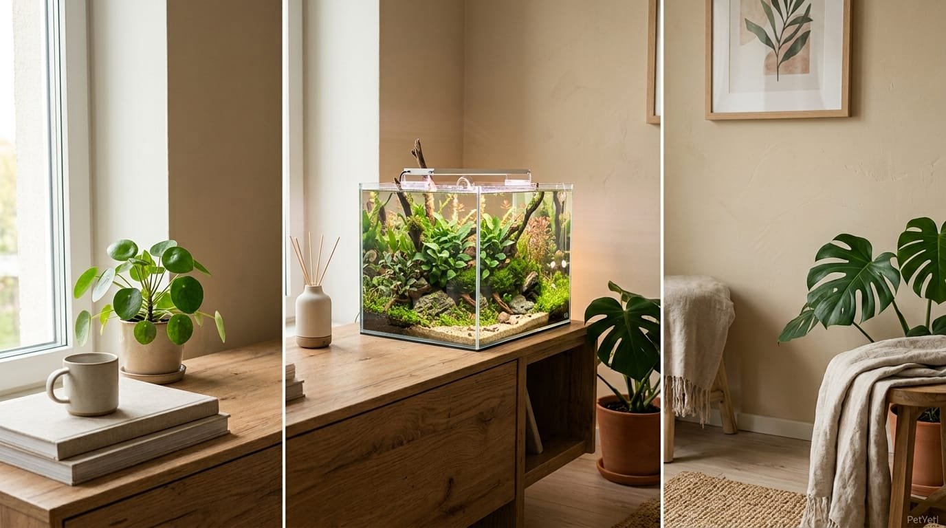 Aquariums by room guide showing a calm planted freshwater tank in a cozy modern home