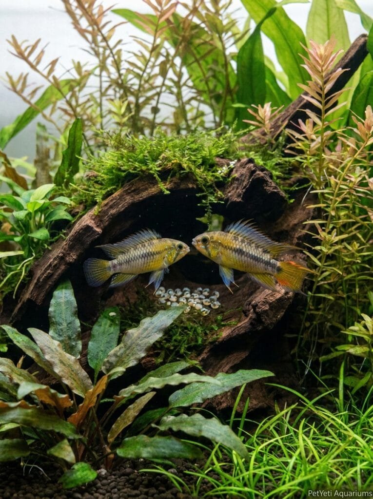 Two community fish interacting naturally near aquatic plants in a freshwater aquarium.