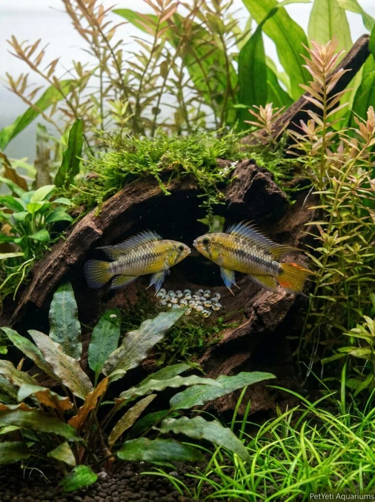 Two community fish interacting naturally near aquatic plants in a freshwater aquarium.