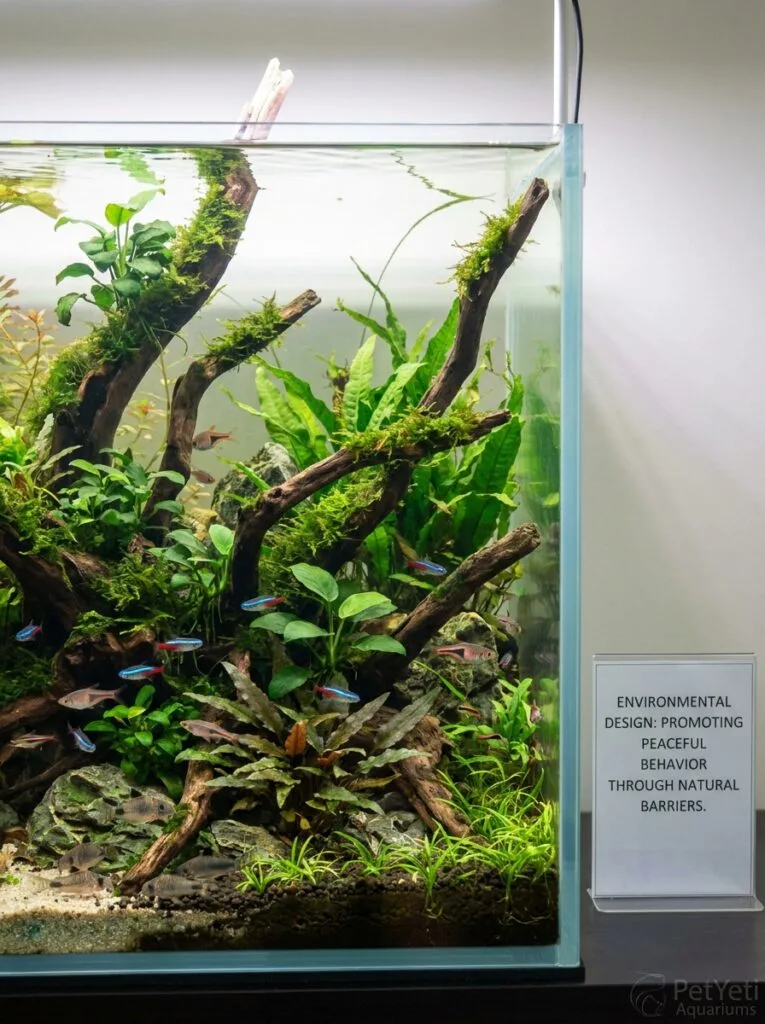 Planted aquarium with driftwood and visual barriers that encourage peaceful fish behavior.