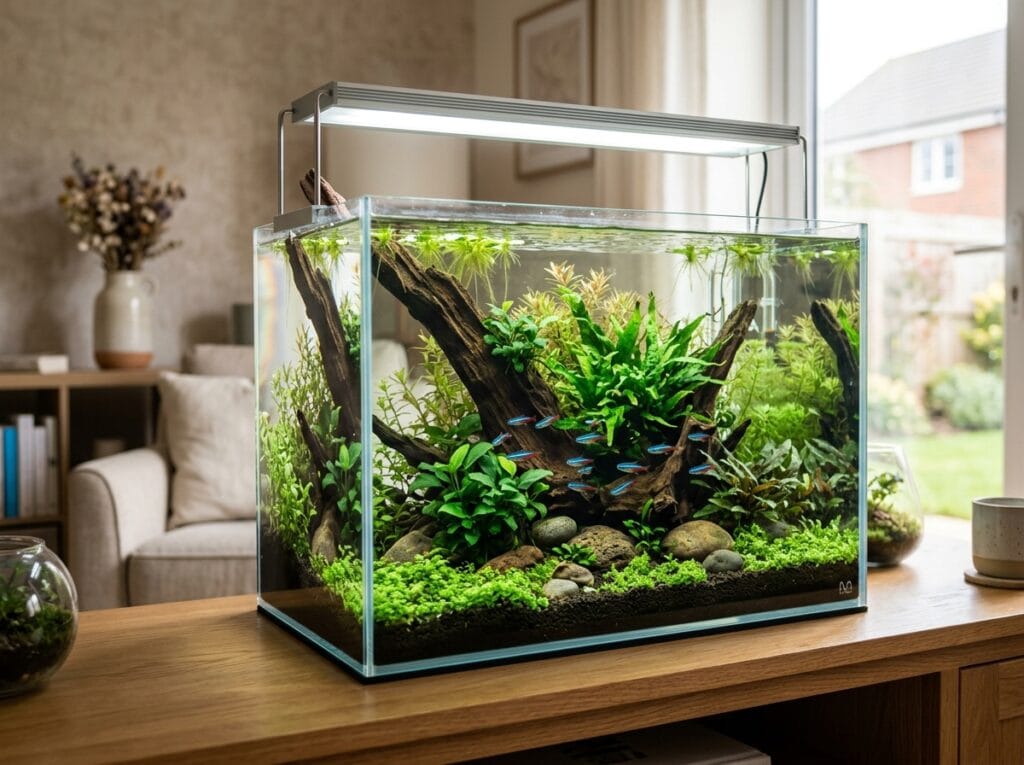 Natural planted aquarium decor with live plants, driftwood, smooth stones, and a cozy modern home background