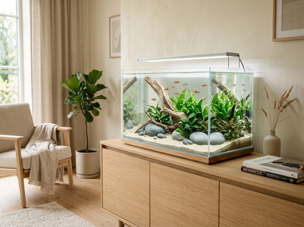 Japandi-style aquarium decor with clean glass, pale wood, soft plants, and a simple calm home interior