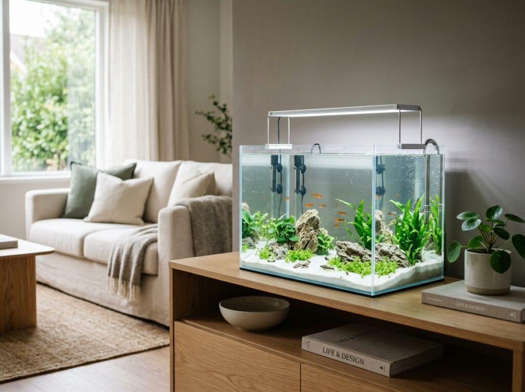 Minimalist aquarium decor with clean lines, open space, simple aquatic plants, and soft neutral home styling
