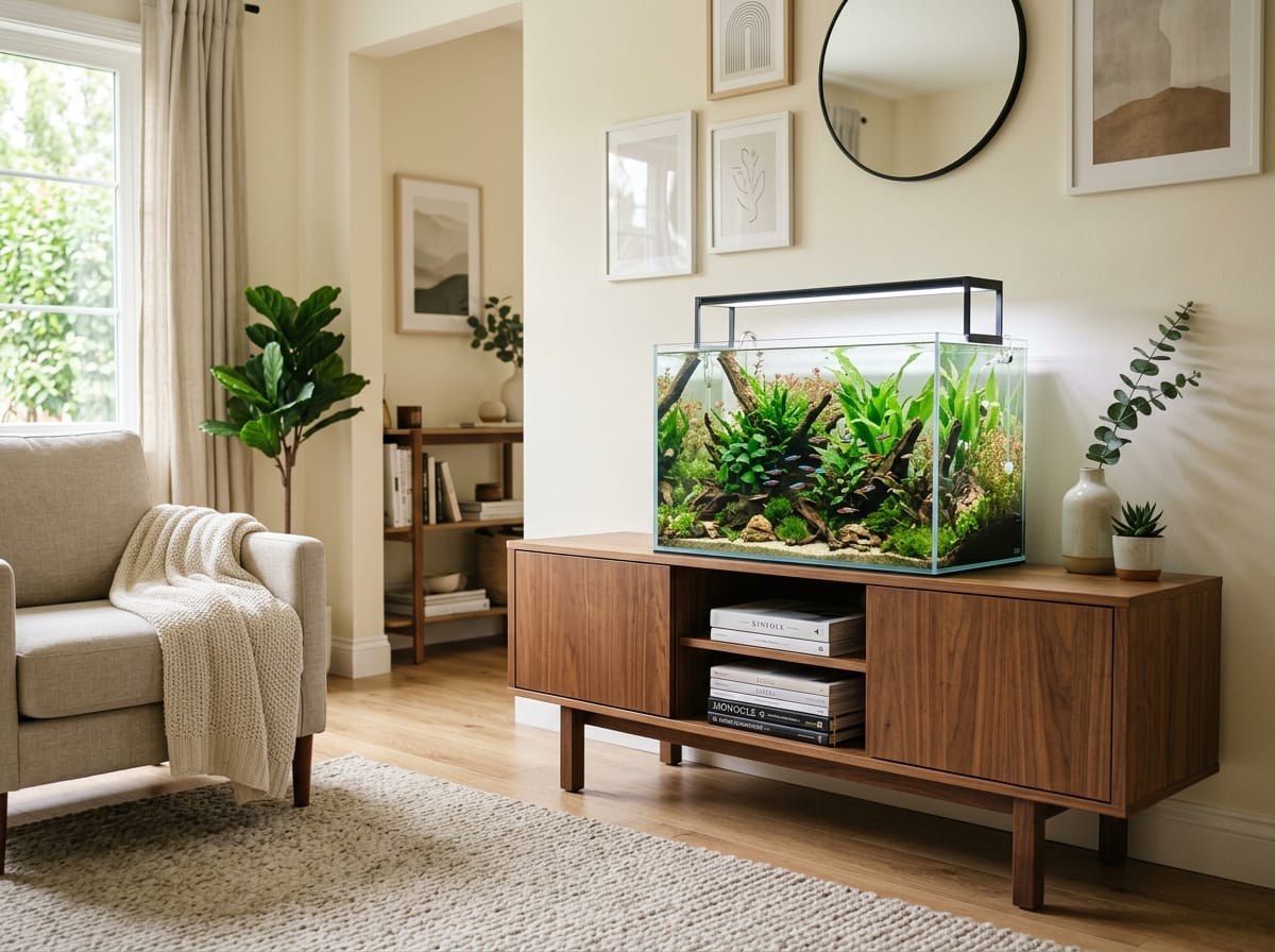 Aquarium placed on a stylish cabinet in a calm modern living room with hidden cords and warm natural decor