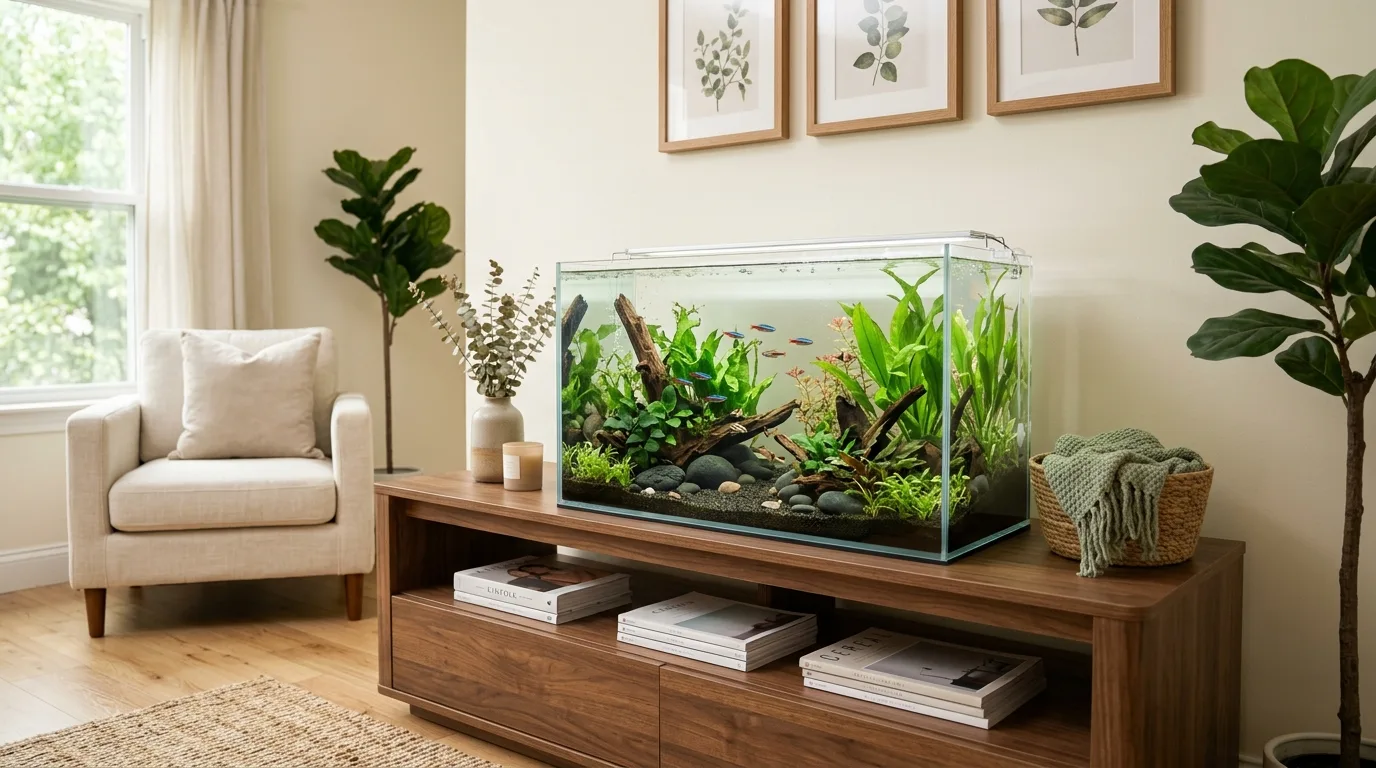 Beautiful aquarium styled as calm home decor in a modern room with warm wood furniture and soft natural light