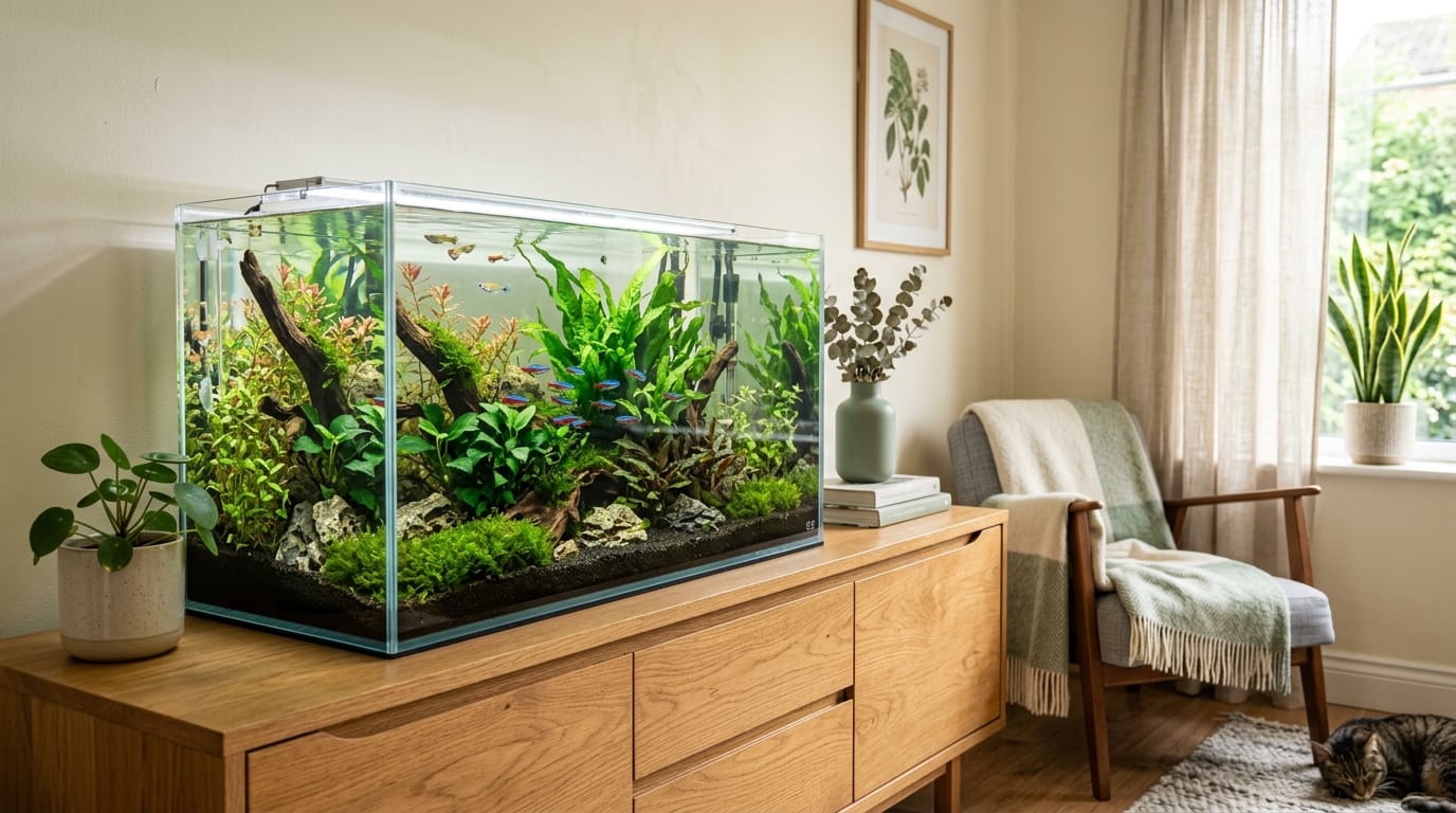 Cozy planted aquarium setup in a calm modern home