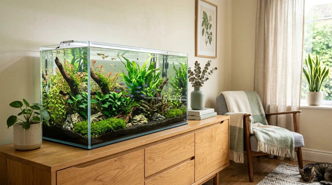 Cozy planted aquarium setup in a calm modern home