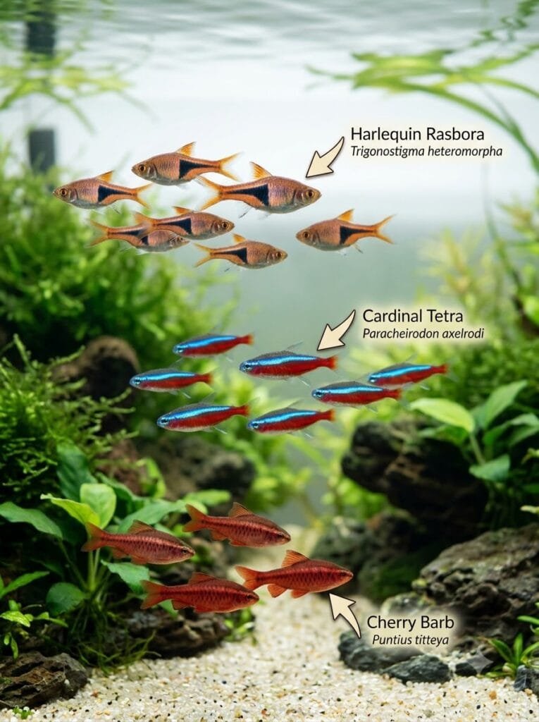 Harlequin rasboras, cardinal tetras, and cherry barbs swimming in a planted freshwater aquarium, with labels identifying each fish species.