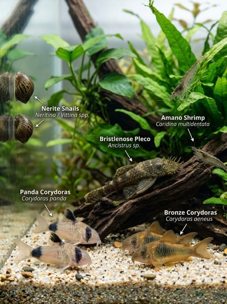 Panda and Bronze Corydoras, a Bristlenose Pleco, Nerite Snails, and Amano Shrimp in a planted 29-gallon freshwater aquarium, with labels identifying each species.