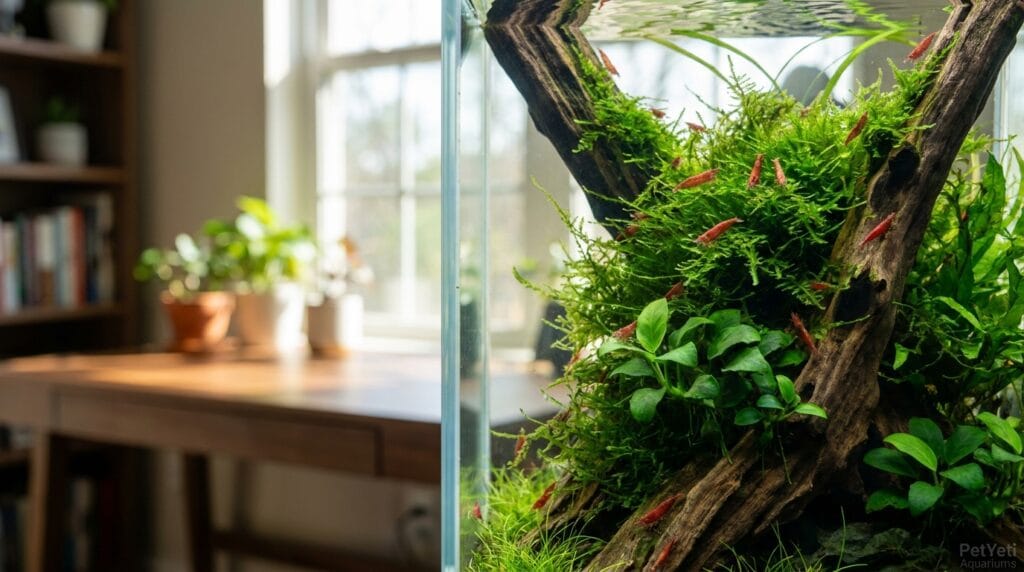 Healthy Cherry Shrimp colony thriving in a planted aquarium with live plants and driftwood.