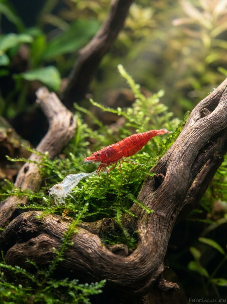Healthy Cherry Shrimp among moss after a successful molt.
