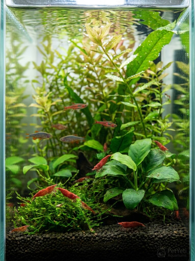 Cherry Shrimp among plants with peaceful nano fish nearby.