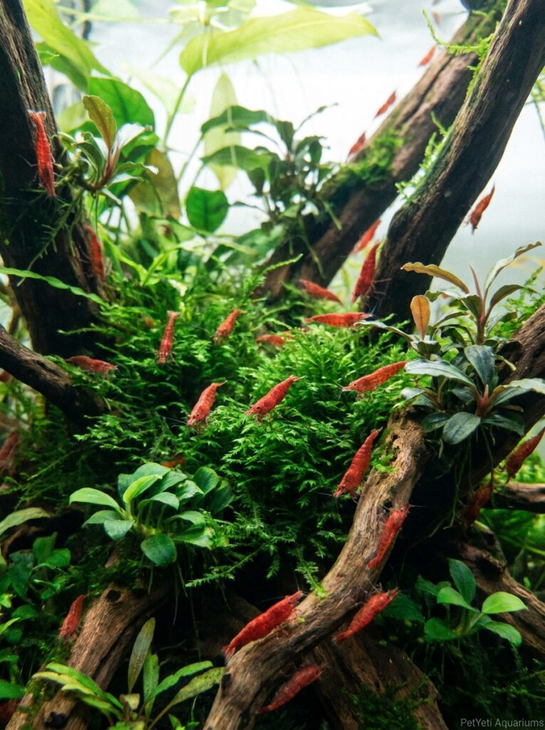 Newly introduced Cherry Shrimp exploring a planted aquarium.