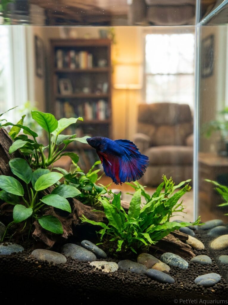 Betta fish swimming in a crystal-clear aquarium with healthy plants and clean water.