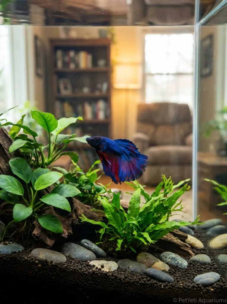 Betta fish swimming in a crystal-clear aquarium with healthy plants and clean water.