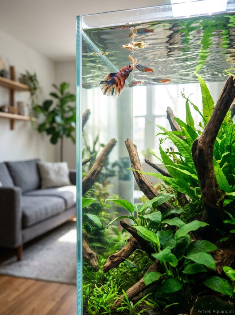 Healthy community fish approaching food in a planted aquarium.