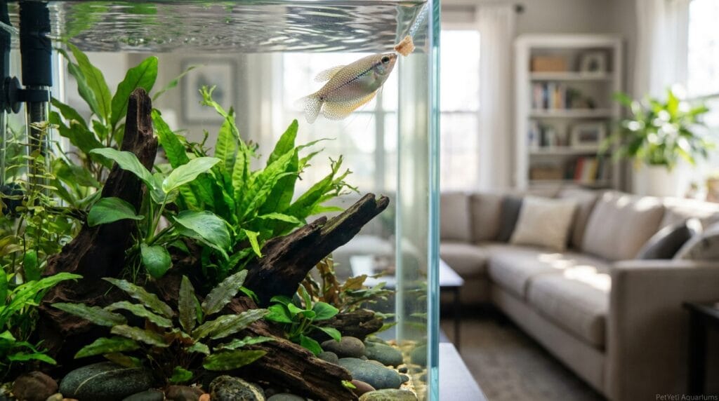 Healthy community fish approaching food in a planted aquarium.