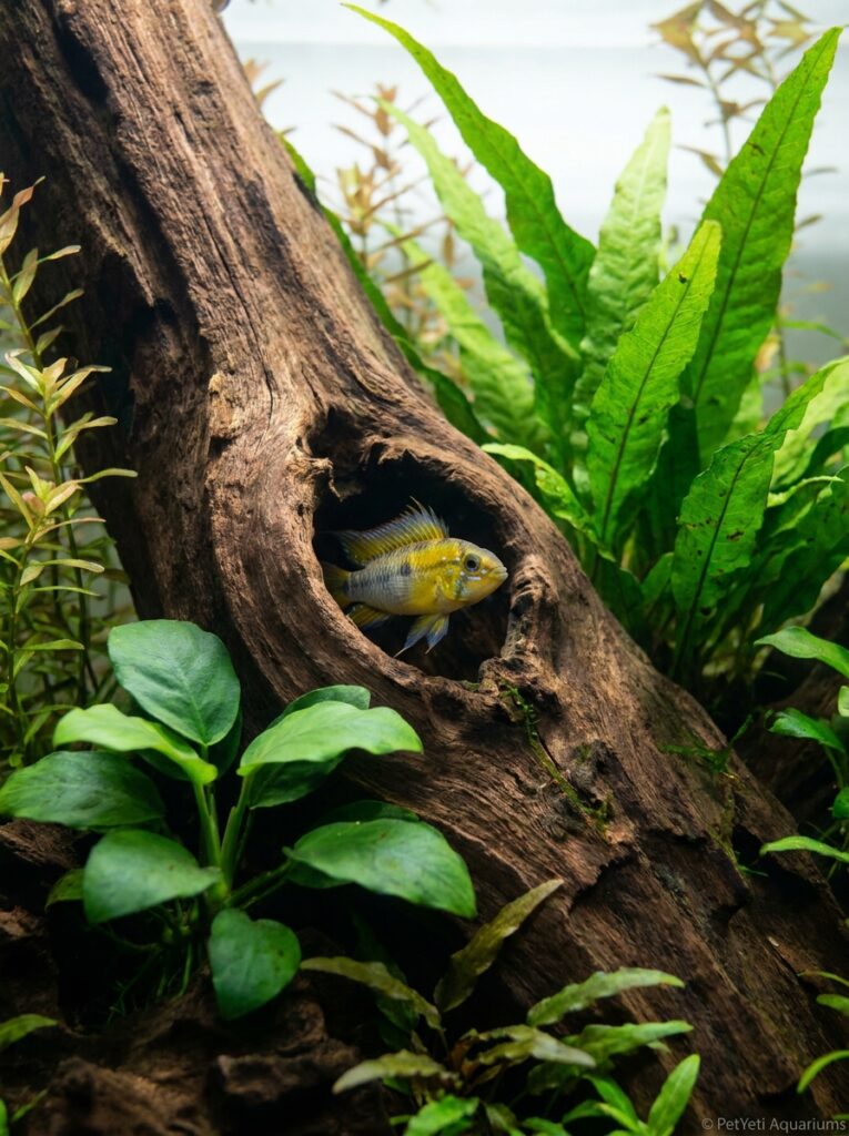 Peaceful community fish seeking shelter among aquarium plants.