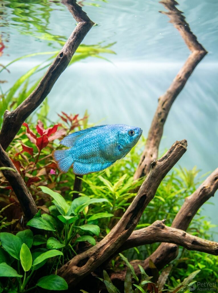 Healthy community fish swimming in a crystal-clear planted aquarium.